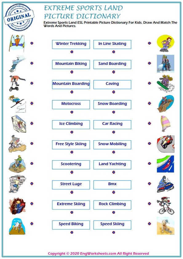 Extreme Sports Land ESL Printable Picture Dictionary For Kids. Draw And Match The Words And Pictures. Worksheet Preview