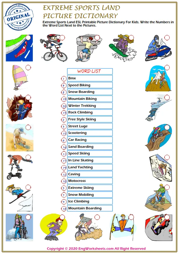 Extreme Sports Land ESL Printable Picture Dictionary For Kids. Write the Numbers in the Word List Next to the Pictures.