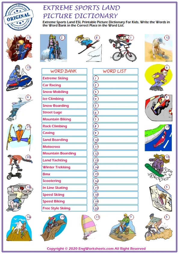Extreme Sports Land ESL Printable Picture Dictionary For Kids. Write the Words in the Word Bank in the Correct Place in the Word List. Worksheet Preview