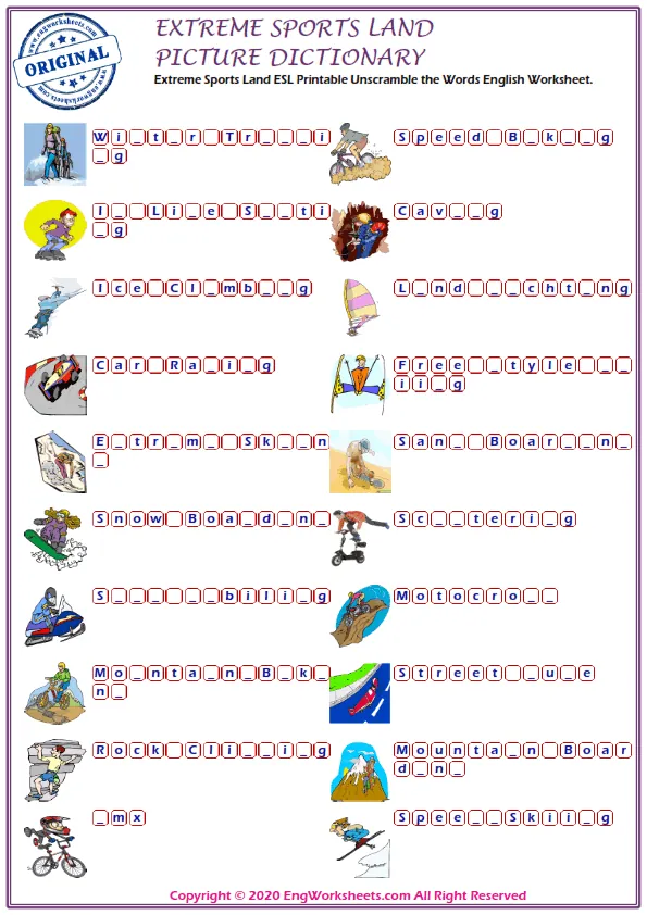 Extreme Sports Land ESL Printable Unscramble the Words English Worksheet. Worksheet Preview