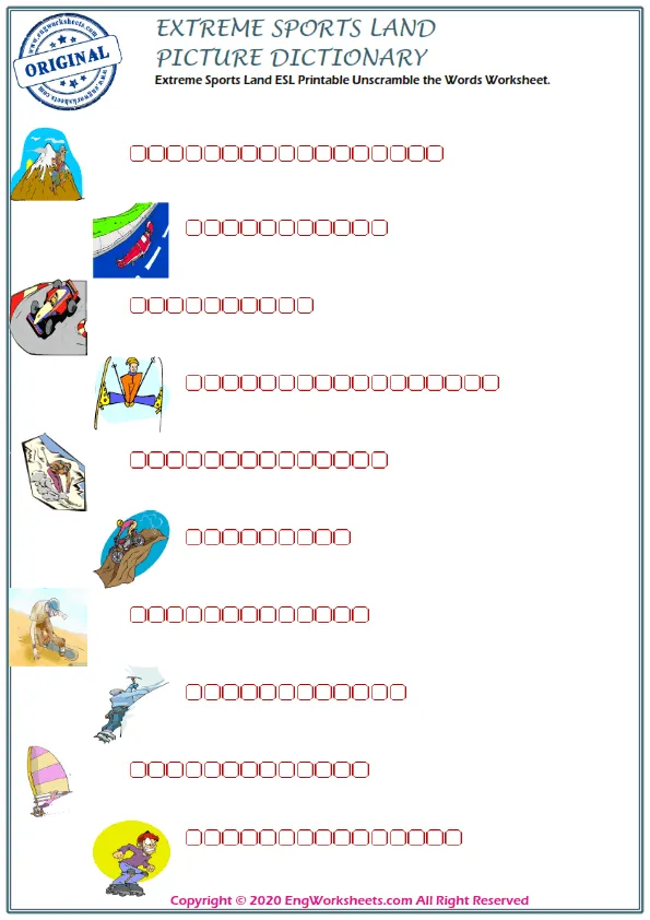 Extreme Sports Land ESL Printable Unscramble the Words Worksheet.