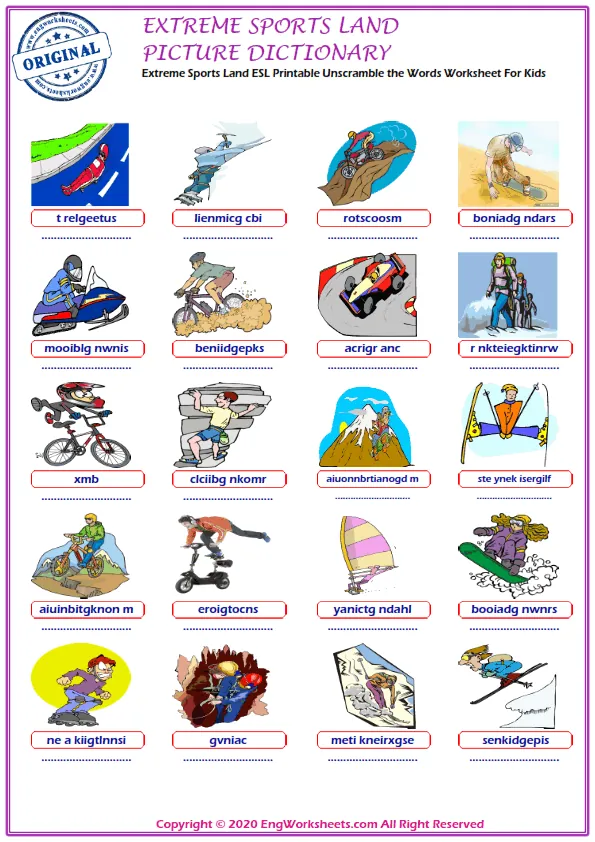 Extreme Sports Land ESL Printable Unscramble the Words Worksheet For Kids
