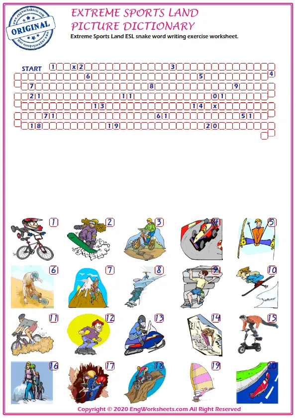 Extreme Sports Land ESL snake word writing exercise worksheet.