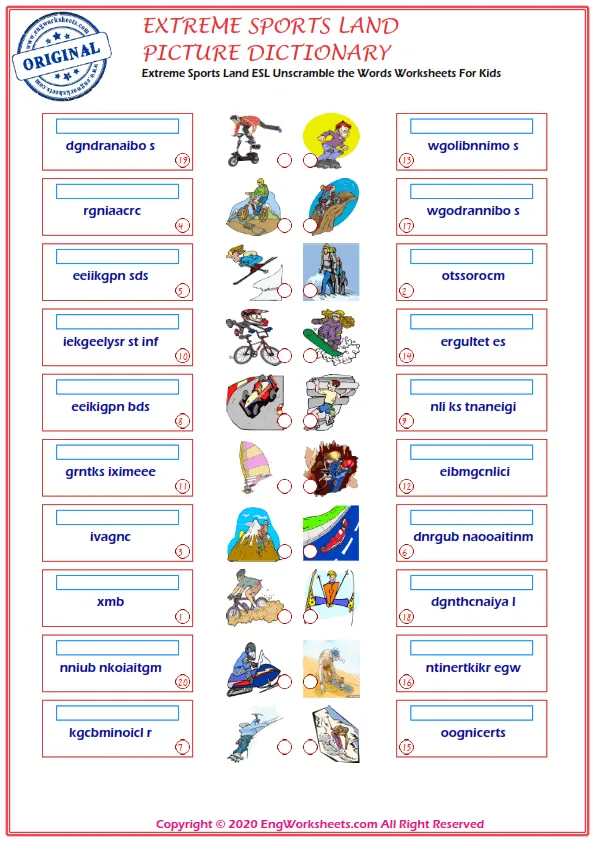 Extreme Sports Land ESL Unscramble the Words Worksheets For Kids