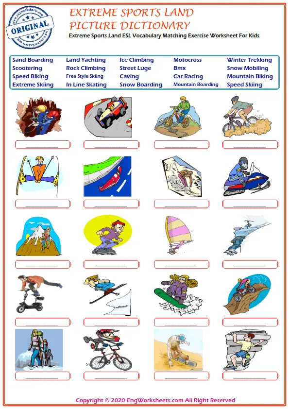 Extreme Sports Land ESL Vocabulary Matching Exercise Worksheet For Kids