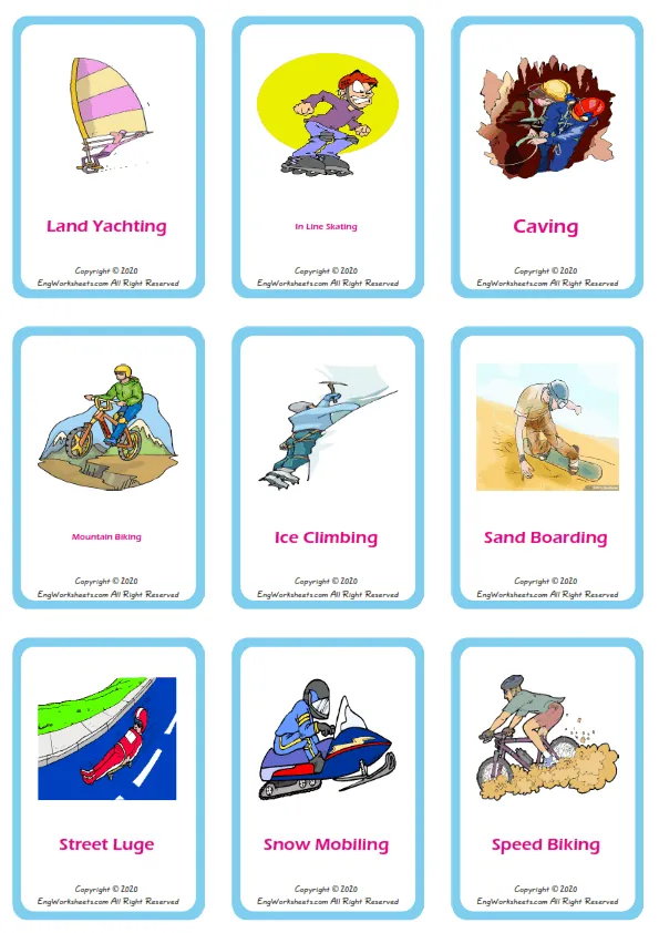 Extreme Sports Land vocabulary worksheet with words, nine images per page