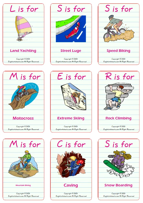 Extreme Sports Land vocabulary worksheet with words, nine images per page