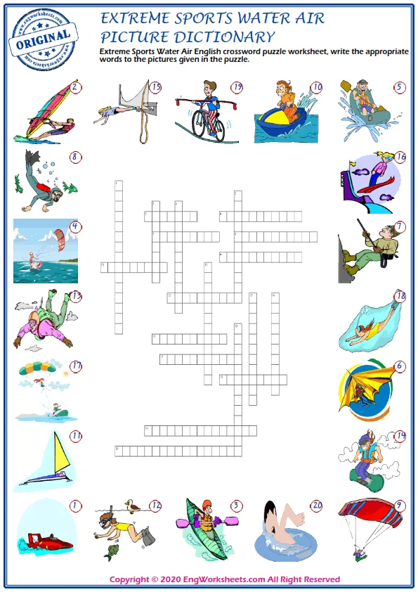 Extreme Sports Water Air English crossword puzzle worksheet, write the appropriate words to the pictures given in the puzzle.