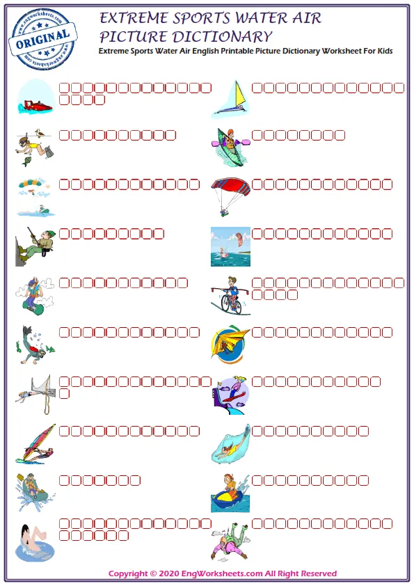 Extreme Sports Water Air English Printable Picture Dictionary Worksheet For Kids