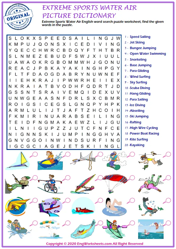 Extreme Sports Water Air English word search puzzle worksheet, find the given words in the puzzle. Worksheet Preview