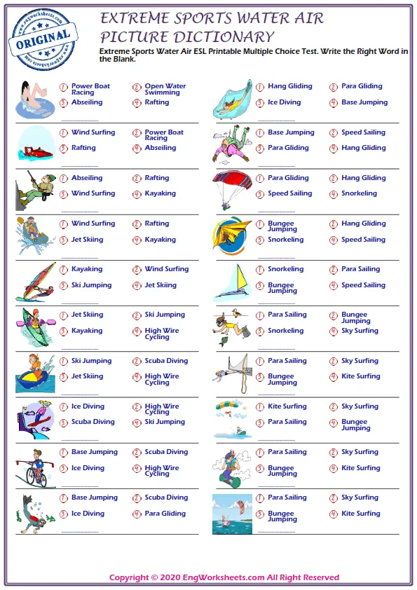 Extreme Sports Water Air ESL Printable Multiple Choice Test. Write the Right Word in the Blank.