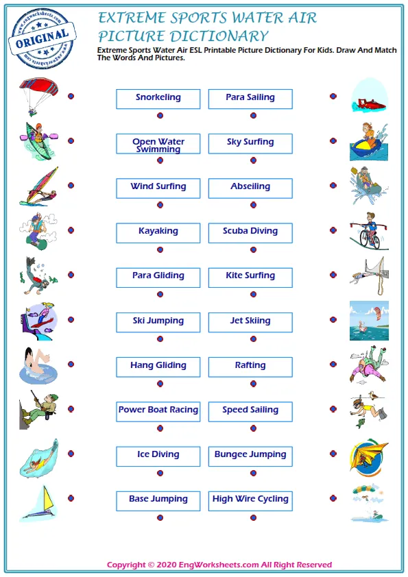 Extreme Sports Water Air ESL Printable Picture Dictionary For Kids. Draw And Match The Words And Pictures. Worksheet Preview