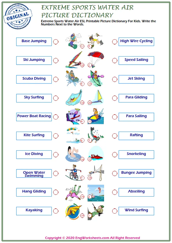 Extreme Sports Water Air ESL Printable Picture Dictionary For Kids. Write the Numbers Next to the Words.