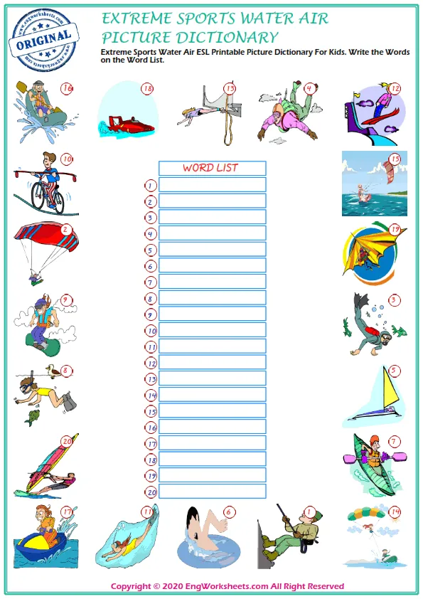Extreme Sports Water Air ESL Printable Picture Dictionary For Kids. Write the Words on the Word List.