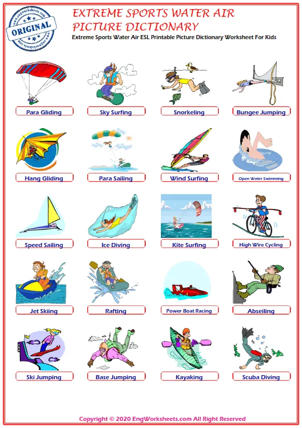 Extreme Sports Water Air ESL Printable Picture Dictionary Worksheet For Kids Worksheet Preview