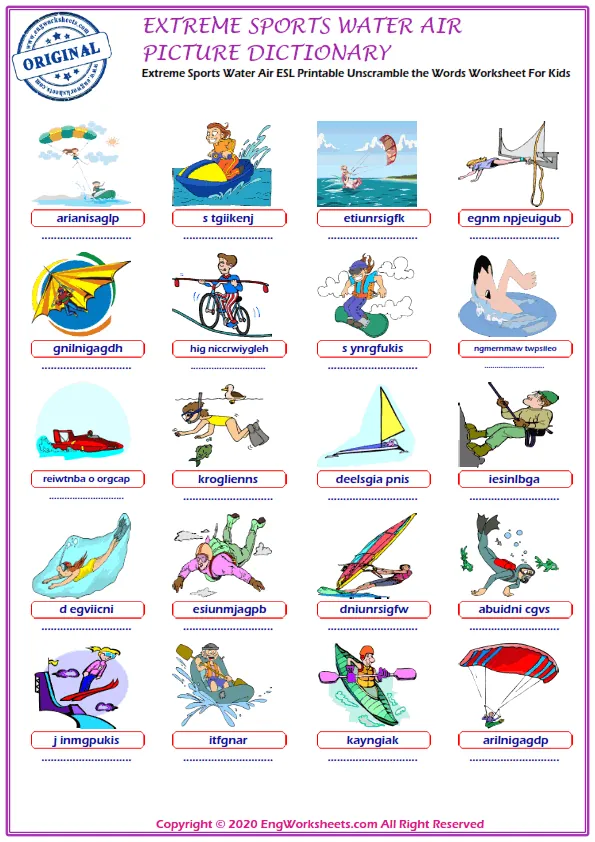Extreme Sports Water Air ESL Printable Unscramble the Words Worksheet For Kids Worksheet Preview