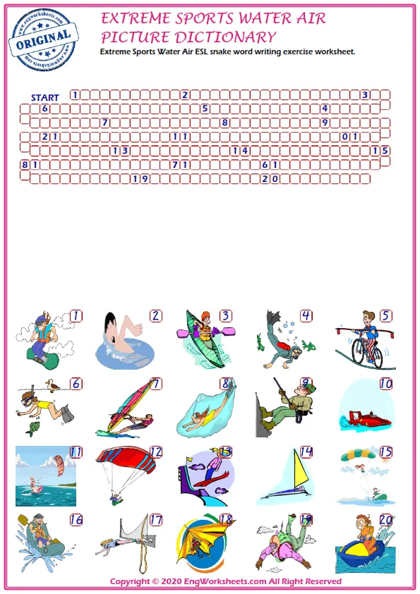 Extreme Sports Water Air ESL snake word writing exercise worksheet. Worksheet Preview