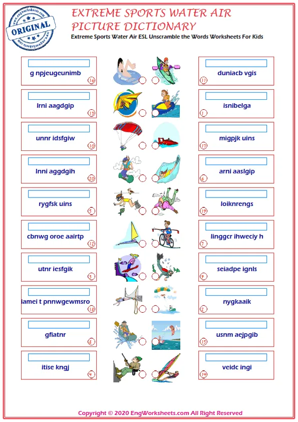 Extreme Sports Water Air ESL Unscramble the Words Worksheets For Kids