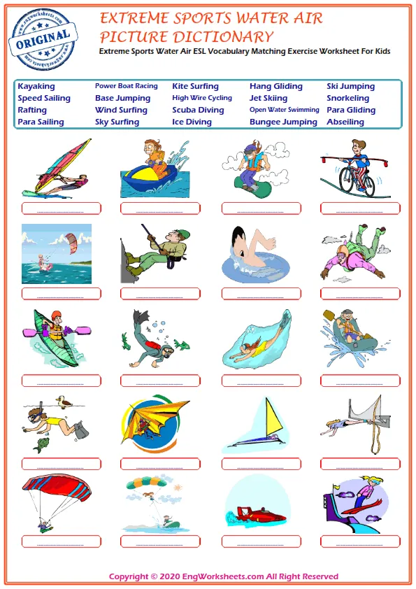 Extreme Sports Water Air ESL Vocabulary Matching Exercise Worksheet For Kids Worksheet Preview