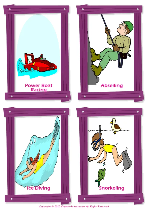 Extreme Sports Water Air vocabulary worksheet with words, four images per page Worksheet Preview