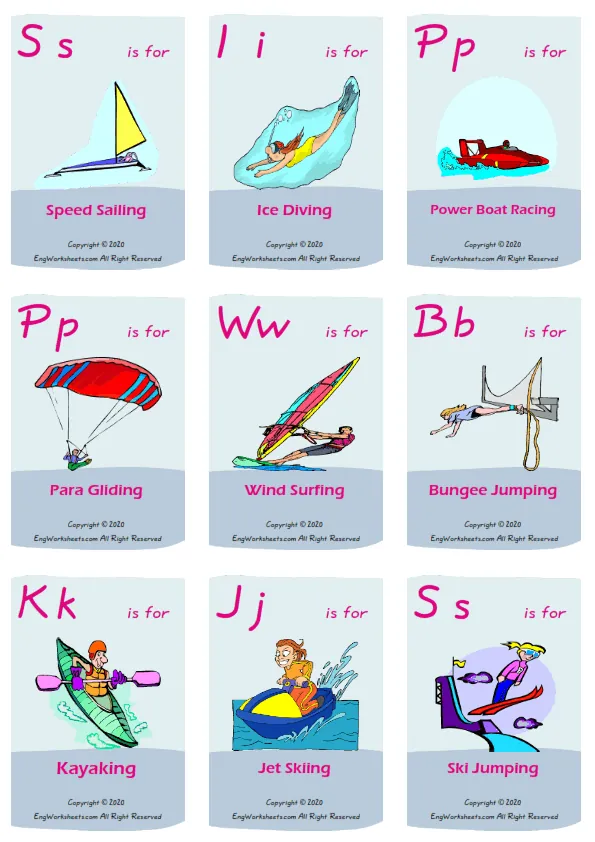 Extreme Sports Water Air vocabulary worksheet with words, nine images per page