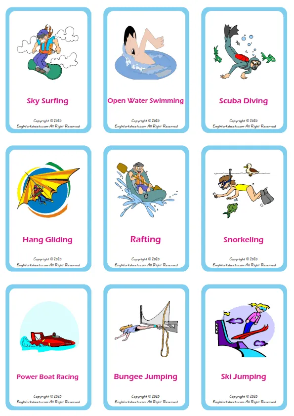 Extreme Sports Water Air vocabulary worksheet with words, nine images per page