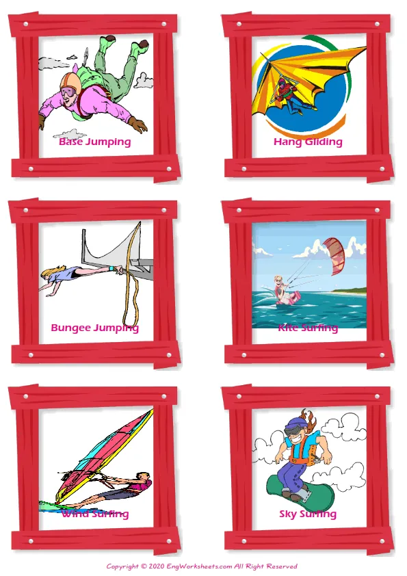 Extreme Sports Water Air vocabulary worksheet with words, six images per page