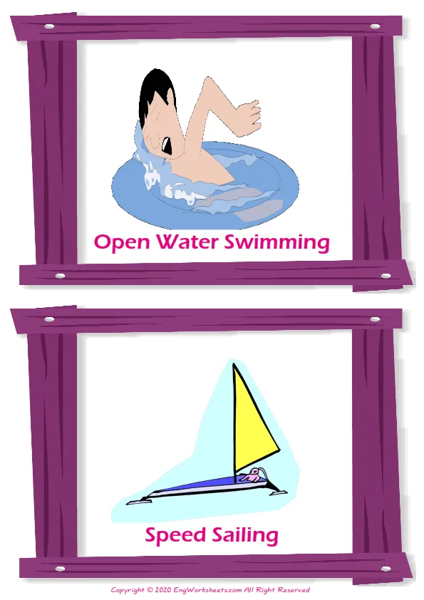 Extreme Sports Water Air vocabulary worksheet with words, two images per page