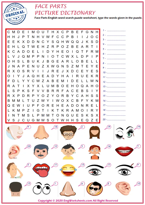 Face Parts English word search puzzle worksheet, type the words given in the puzzle. Worksheet Preview