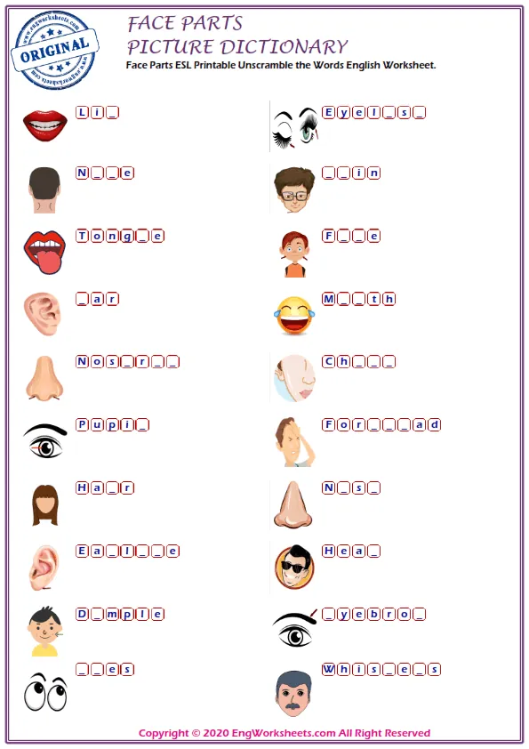 Face Parts ESL Printable Unscramble the Words English Worksheet. Worksheet Preview