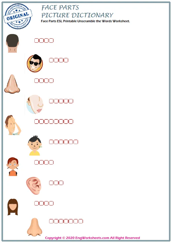 Face Parts ESL Printable Unscramble the Words Worksheet. Worksheet Preview
