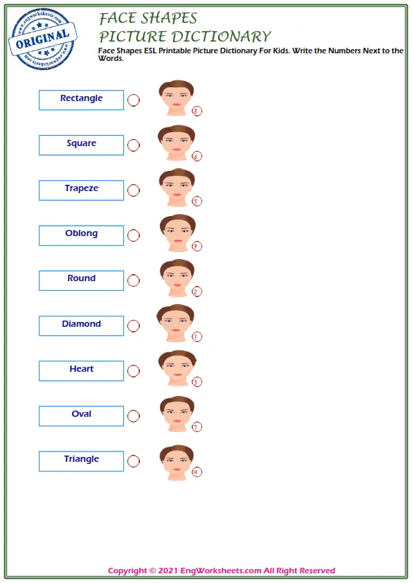 Face Shapes English word search puzzle worksheet, find the given words in the puzzle. Worksheet Preview