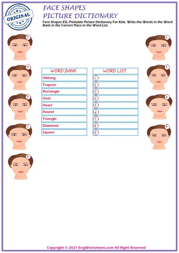 Face Shapes ESL Printable Picture Dictionary For Kids. Write the Numbers in the Word List Next to the Pictures. Worksheet Preview
