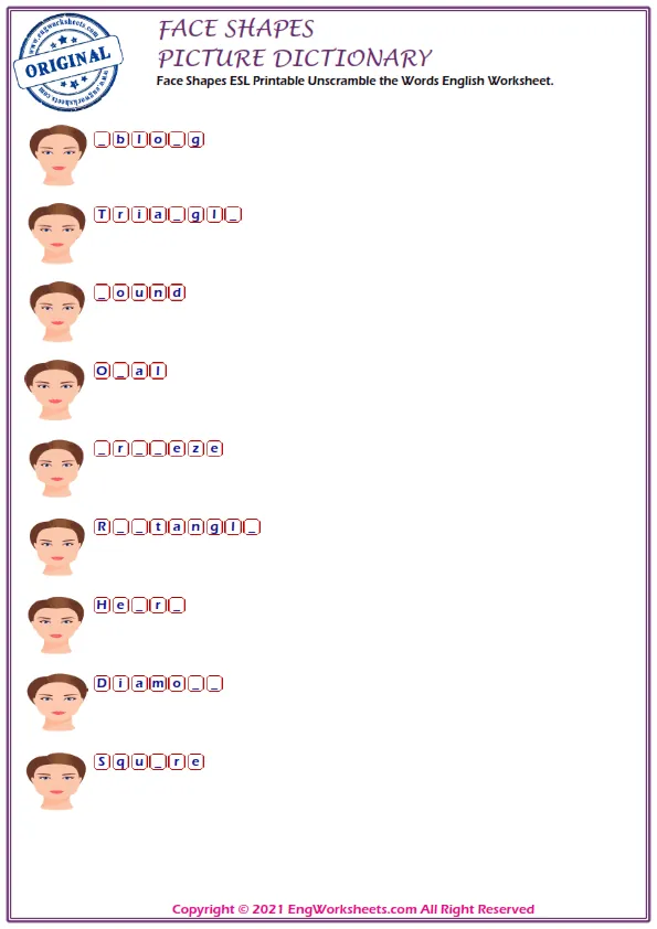 Face Shapes vocabulary worksheet with words, nine images per page Worksheet Preview