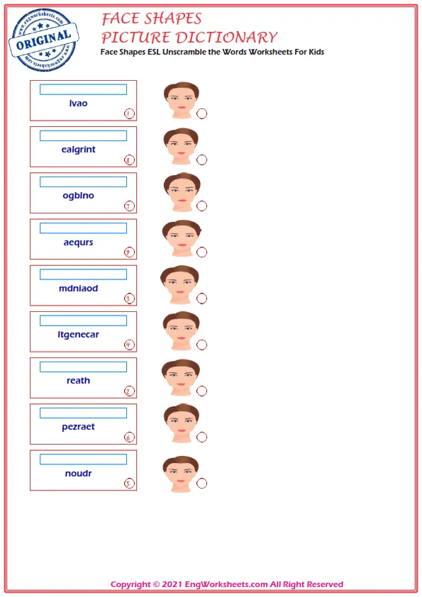 Face Shapes English crossword puzzle worksheet, write the appropriate words to the pictures given in the puzzle. Worksheet Preview