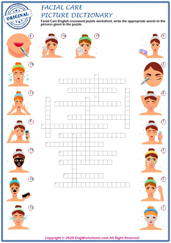 Facial Care English crossword puzzle worksheet, write the appropriate words to the pictures given in the puzzle. Worksheet Preview