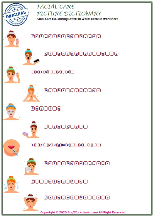 Facial Care ESL Missing Letters In Words Exercise Worksheet Worksheet Preview