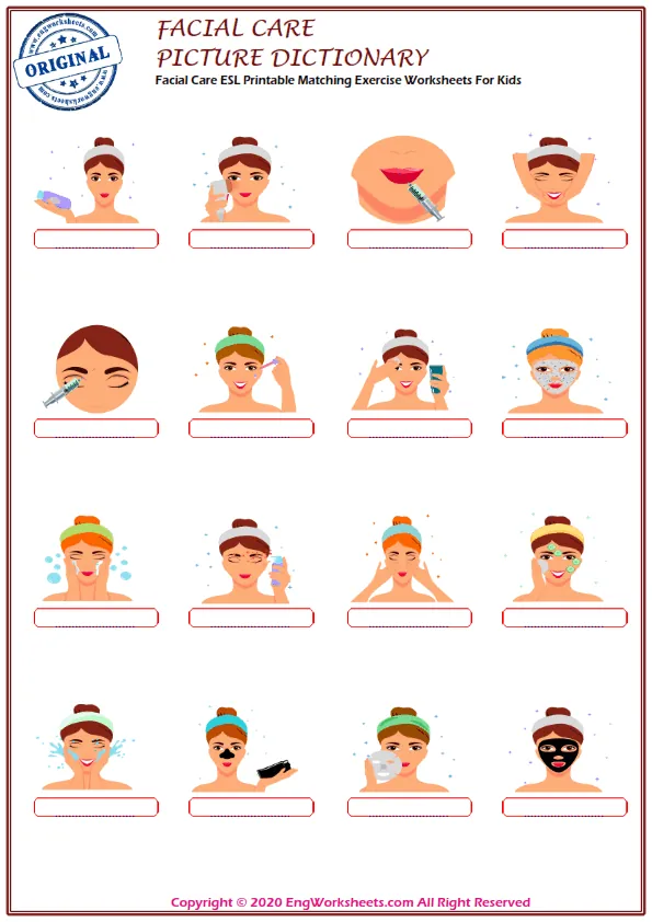 Facial Care ESL Printable Matching Exercise Worksheets For Kids Worksheet Preview