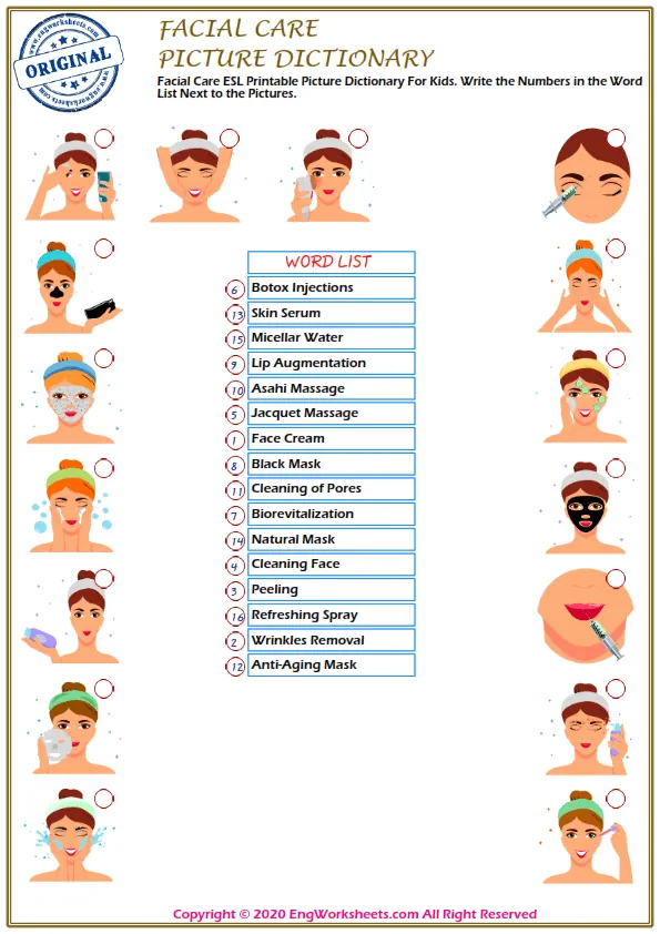 Facial Care ESL Printable Picture Dictionary For Kids. Write the Numbers in the Word List Next to the Pictures. Worksheet Preview