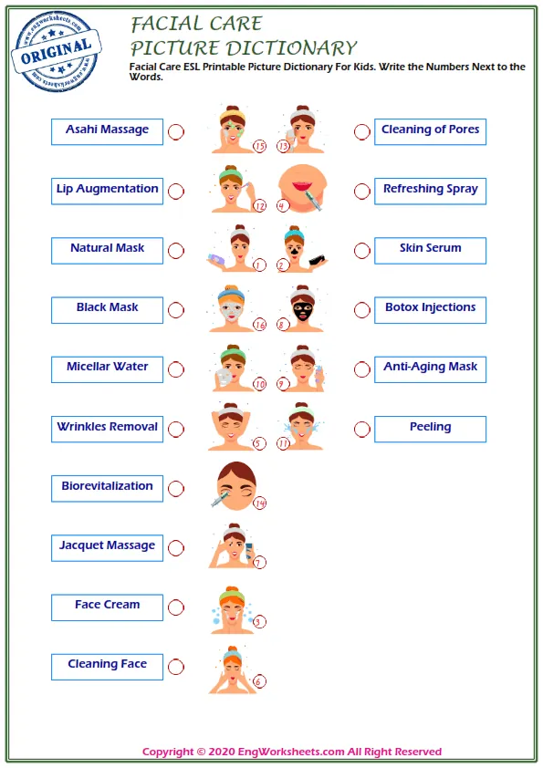 Facial Care ESL Printable Picture Dictionary For Kids. Write the Numbers Next to the Words. Worksheet Preview