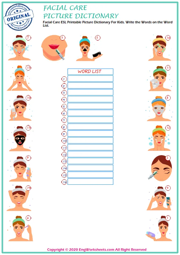 Facial Care ESL Printable Picture Dictionary For Kids. Write the Words on the Word List. Worksheet Preview