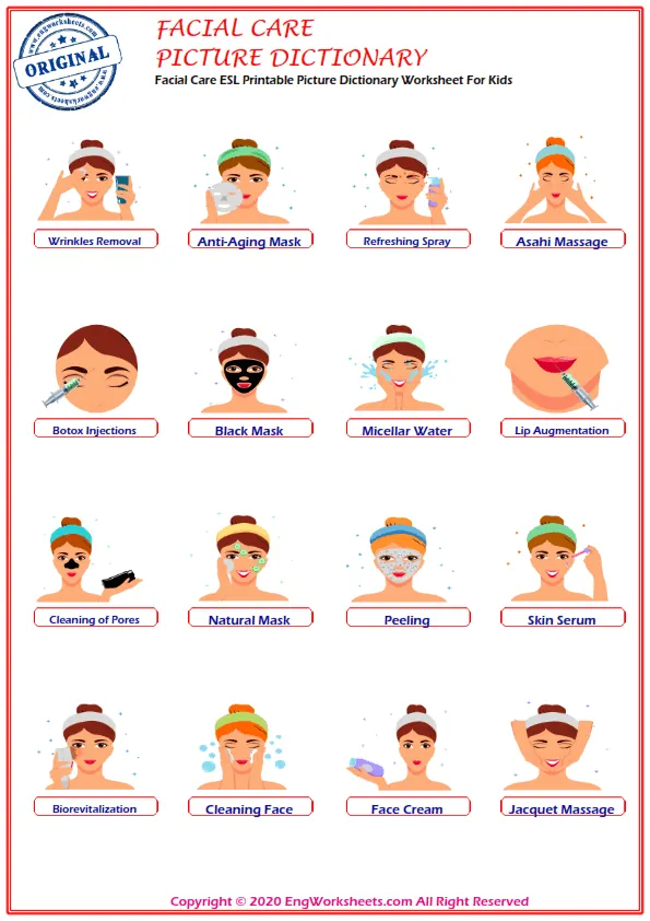 Facial Care ESL Printable Picture Dictionary Worksheet For Kids Worksheet Preview