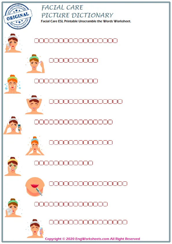 Facial Care ESL Printable Unscramble the Words Worksheet. Worksheet Preview