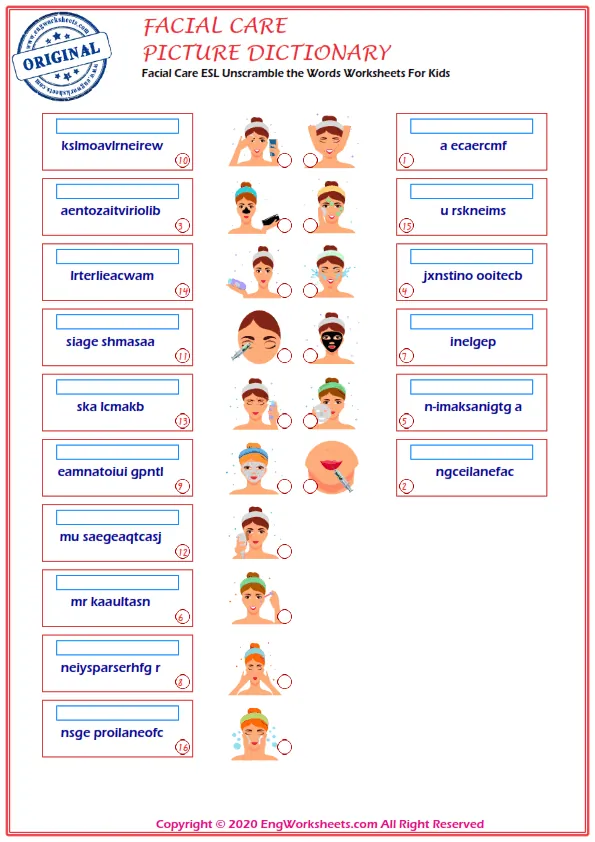 Facial Care ESL Unscramble the Words Worksheets For Kids Worksheet Preview