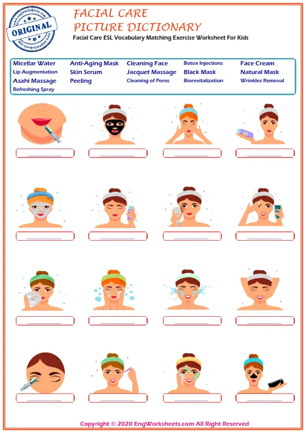Facial Care ESL Vocabulary Matching Exercise Worksheet For Kids Worksheet Preview