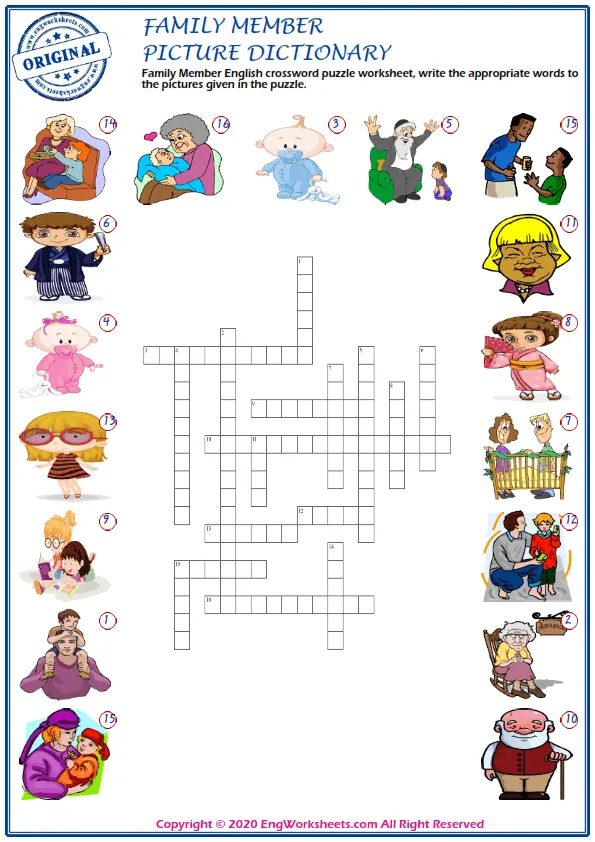 Family Member English crossword puzzle worksheet, write the appropriate words to the pictures given in the puzzle. Worksheet Preview