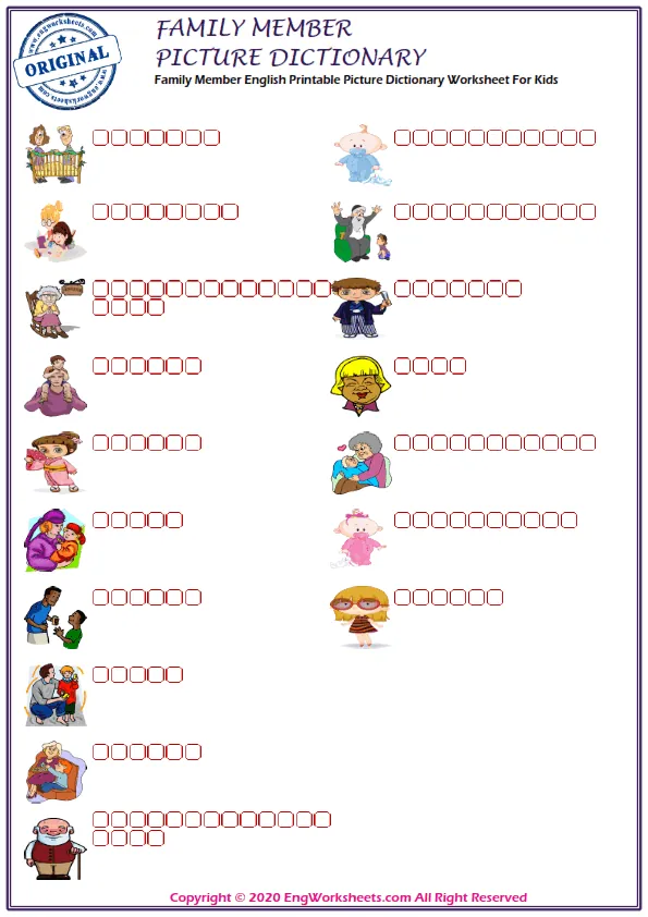 Family Member English Printable Picture Dictionary Worksheet For Kids Worksheet Preview