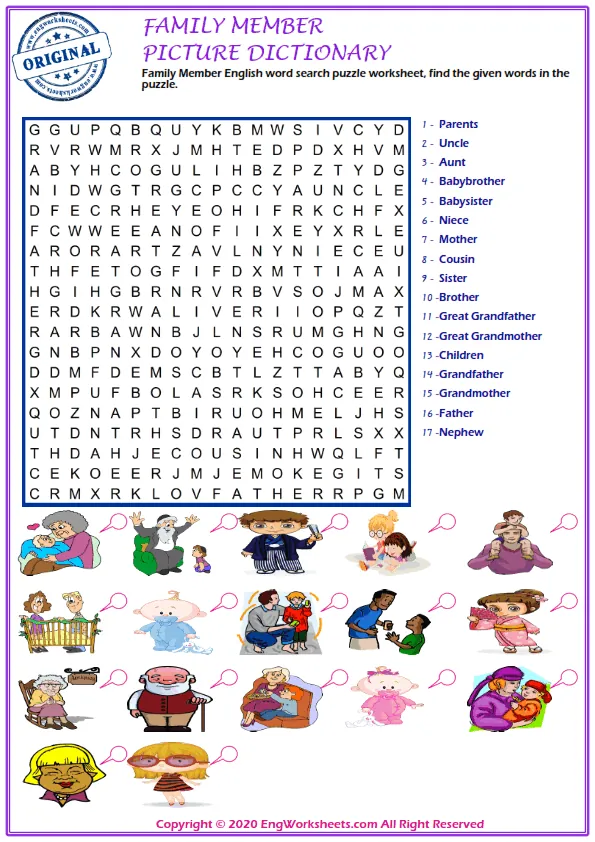 Family Member English word search puzzle worksheet, find the given words in the puzzle. Worksheet Preview