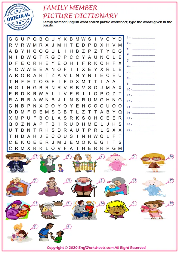 Family Member English word search puzzle worksheet, type the words given in the puzzle. Worksheet Preview