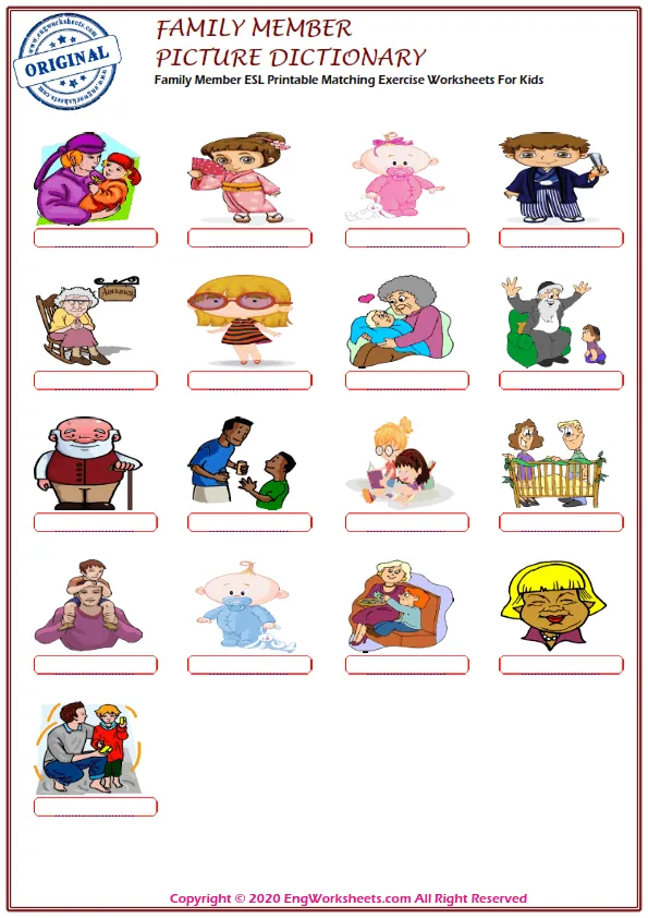 Family Member ESL Printable Matching Exercise Worksheets For Kids Worksheet Preview